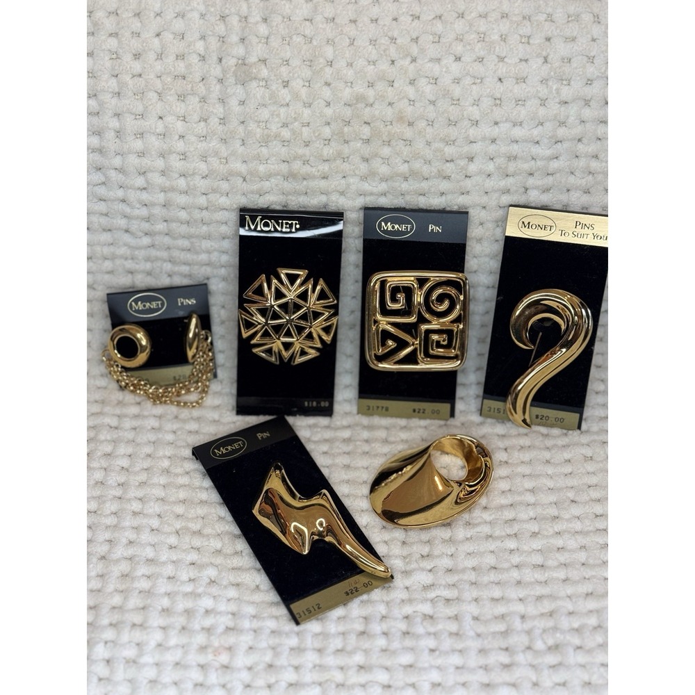 Vintage Monet Gold Tone Pin Brooch Lot 6 Modernist Abstract Designs NWT 80s 90s